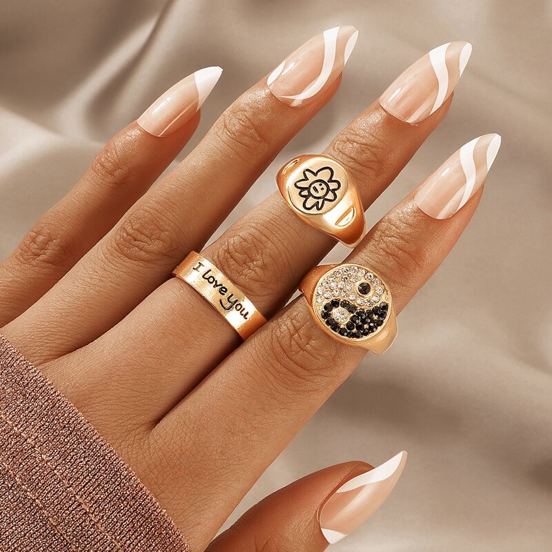 

3pcs Flower Graphic Ring, Gold