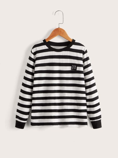 SHEIN Tween Boy Casual Long Sleeve Striped Pattern Patch Detailed T-Shirt, Spring & Autumn