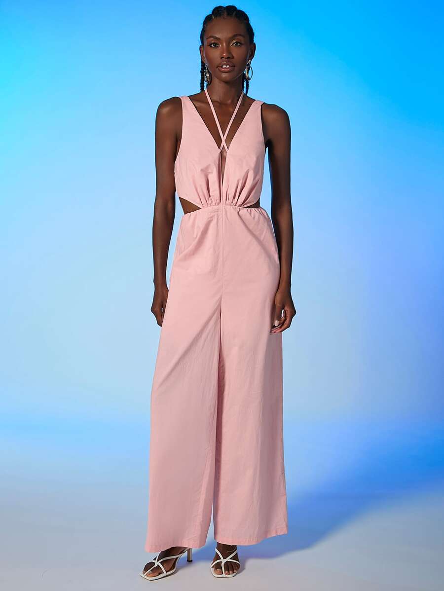 SHEIN BAE Jumpsuit culottes unicolor de espalda abierta - Rosa vieja - Ver 1