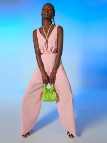 SHEIN BAE Jumpsuit culottes unicolor de espalda abierta - Rosa vieja - Ver 3