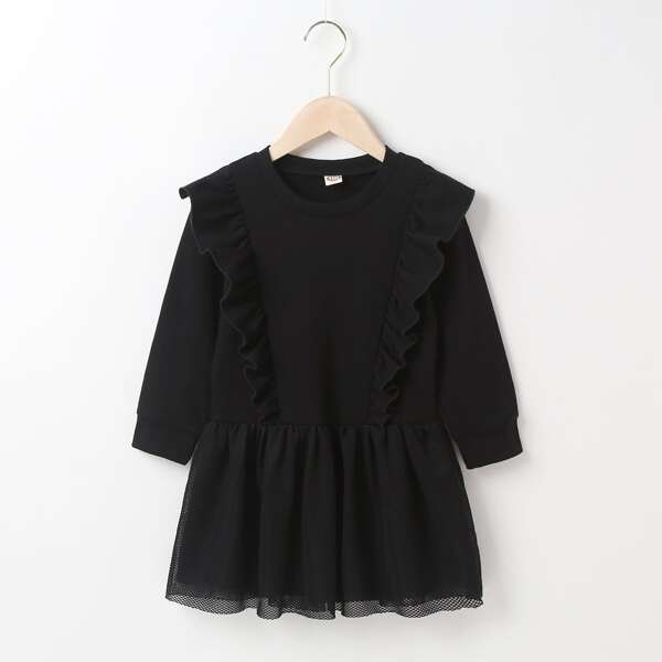 

Toddler Girls Ruffle Trim Mesh Overlay Smock Dress, Black
