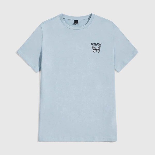 

Men Letter And Butterfly Print Tee, Baby blue