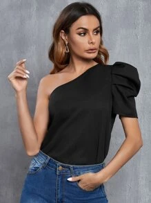 SHEIN Privé Blusa de un hombro de manga farol - Negro - Ver 2