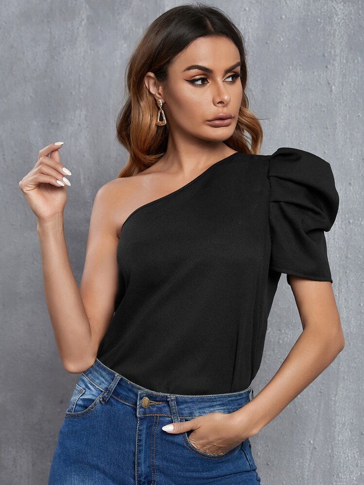 SHEIN Privé One Shoulder Puff Sleeve Blouse - Black - View 1