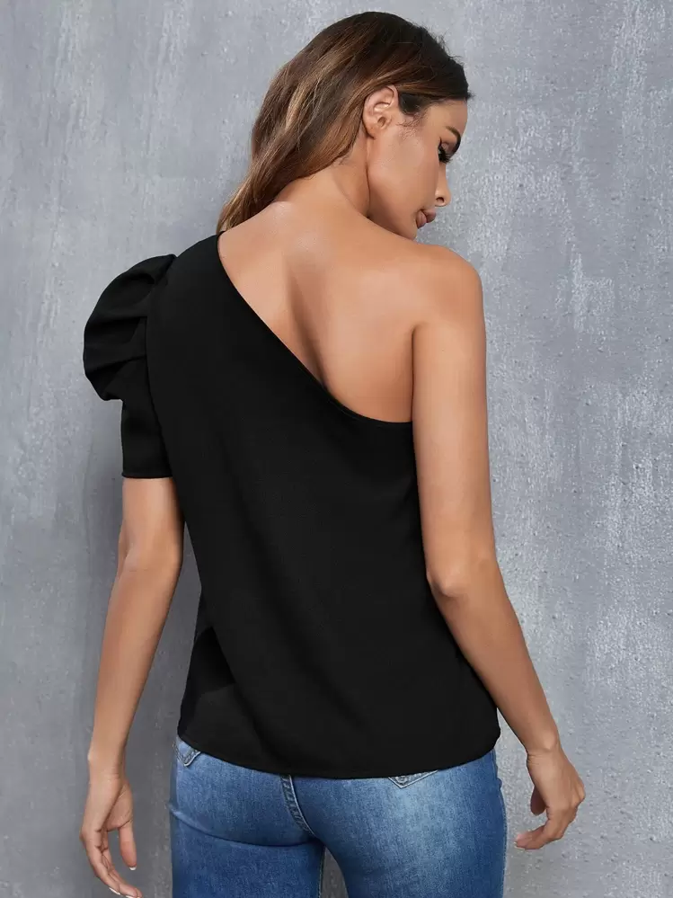 SHEIN Privé Blusa de un hombro de manga farol - Negro - Añade 2