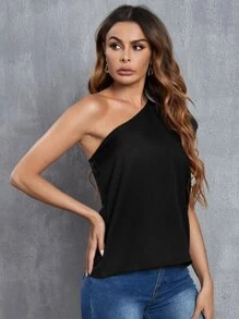 SHEIN Privé Blusa de un hombro de manga farol - Negro - Ver 5