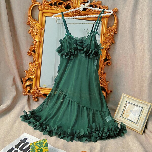

Appliques Detail Sheer Mesh Night Dress, Dark green