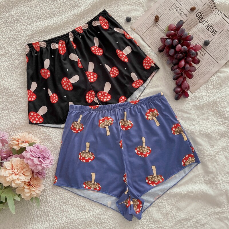

2pcs Mushroom Print Sleep Shorts, Multicolor