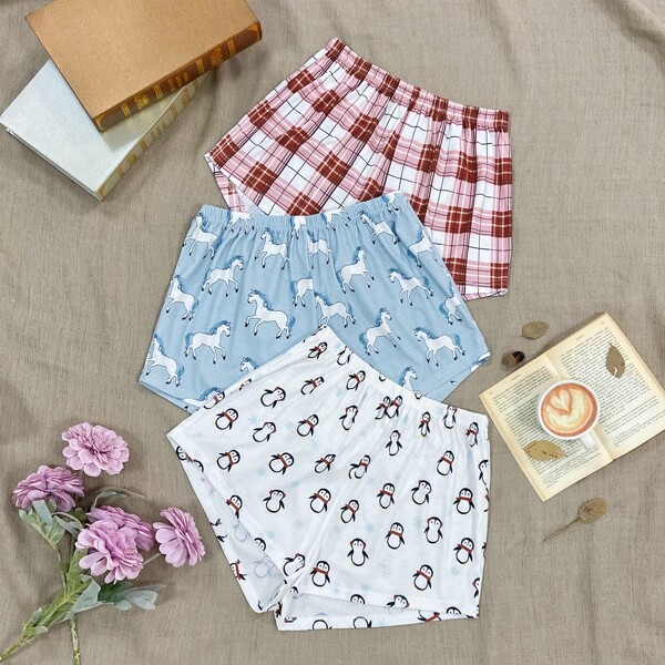 

3pcs Tartan & Cartoon Graphic Sleep Shorts, Multicolor