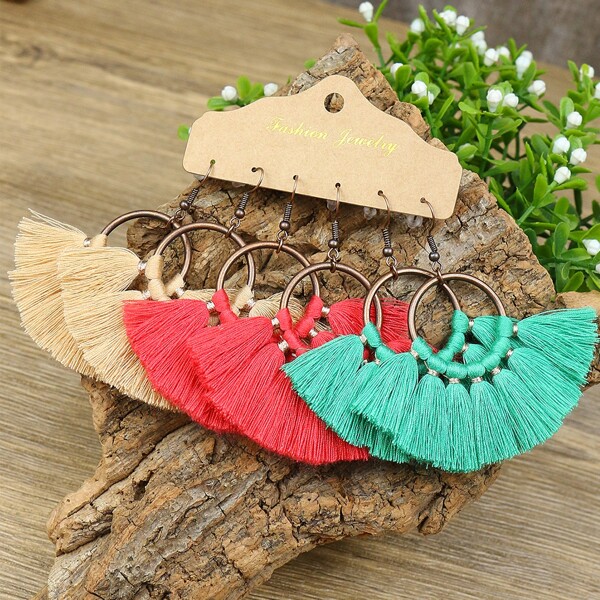 

3pairs Tassel Drop Earrings, Multicolor