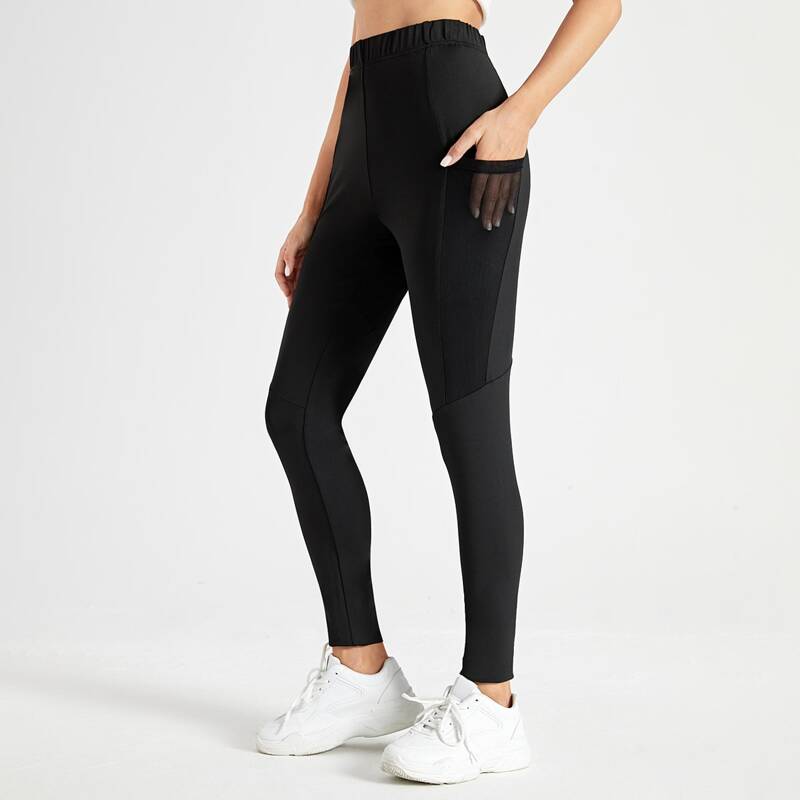 

Solid Mesh Pocket Leggings, Black