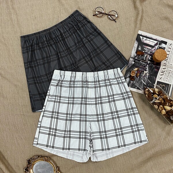 

2pcs Plaid Print Sleep Shorts, Black and white