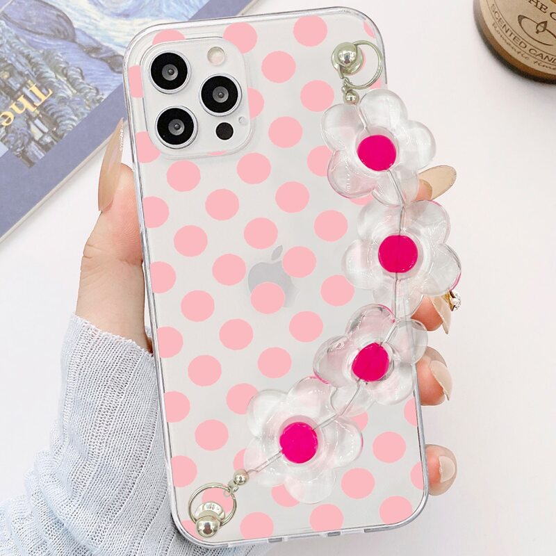 

Polka Dot Phone Case With Flower Decor Hand Strap, Multicolor