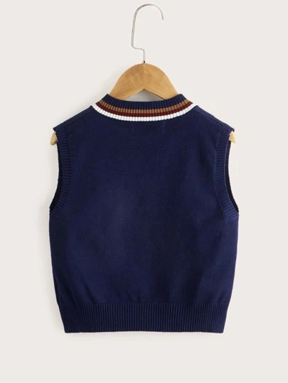 SHEIN Young Boy Striped Trim V-Neck Sweater Vest,In Fall/Winter