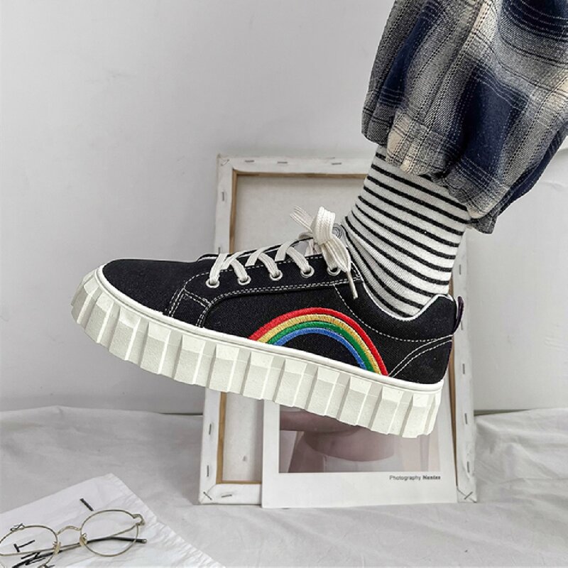 Rainbow Embroidery Design Skate Shoes, Black