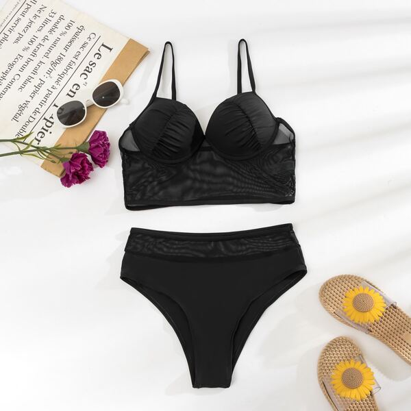 

Mesh Trim Push Up High Waisted Bikini Swimsuit, Black
