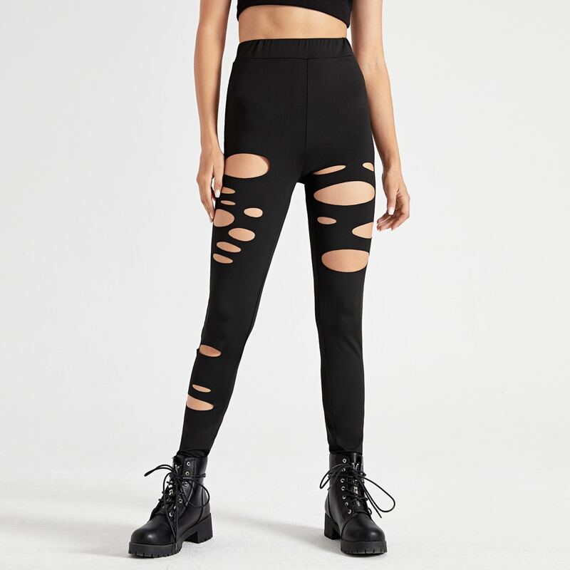

Solid Ripped Leggings, Black