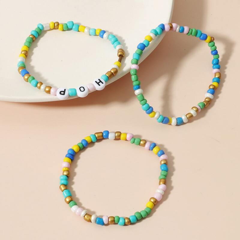 

3pcs Letter Graphic Beaded Bracelet, Multicolor