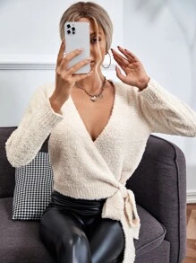 Cárdigan escote en pico profundo con nudo lateral cruzado - Beis - Ver 1