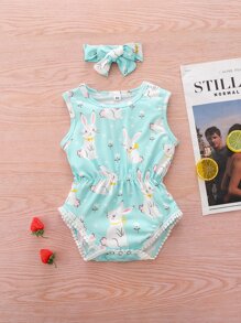Baby Girl Rabbit Print Lace Insert Tank Bodysuit With Headband - Mint Green - View 1
