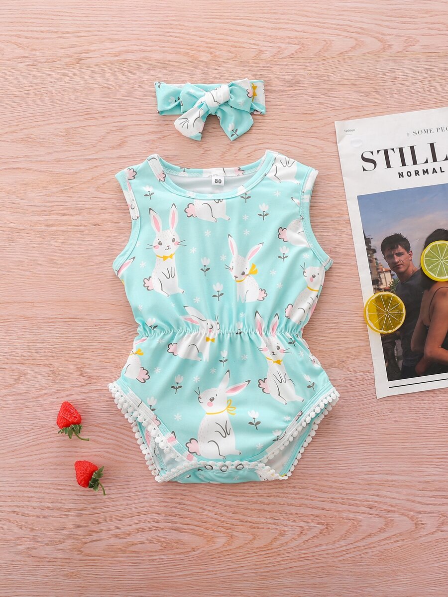 Baby Girl Rabbit Print Lace Insert Tank Bodysuit With Headband - Mint Green - View 1