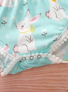 Baby Girl Rabbit Print Lace Insert Tank Bodysuit With Headband - Mint Green - View 4