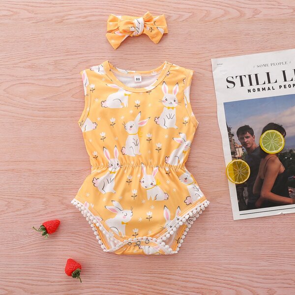 

Baby Girl Rabbit Print Lace Insert Tank Bodysuit With Headband, Yellow