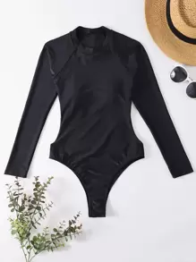 Swim SPRTY Summer Beach Plain High Neck One Piece Swimsuit - Black - View 6