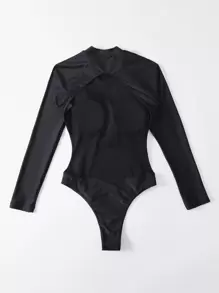 Swim SPRTY Summer Beach Plain High Neck One Piece Swimsuit - Black - View 2