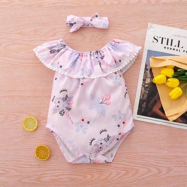 

Baby Girl Floral Ruffle Bodysuit With Headband, Mauve purple