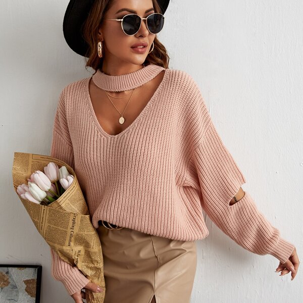 

Cut Out Choker Neck Drop Shoulder Sweater, Pink