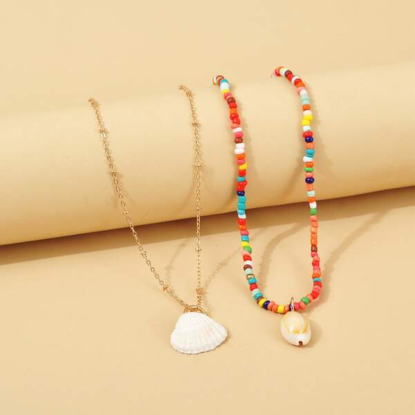 

2pcs Shell Charm Beaded Necklace, Multicolor