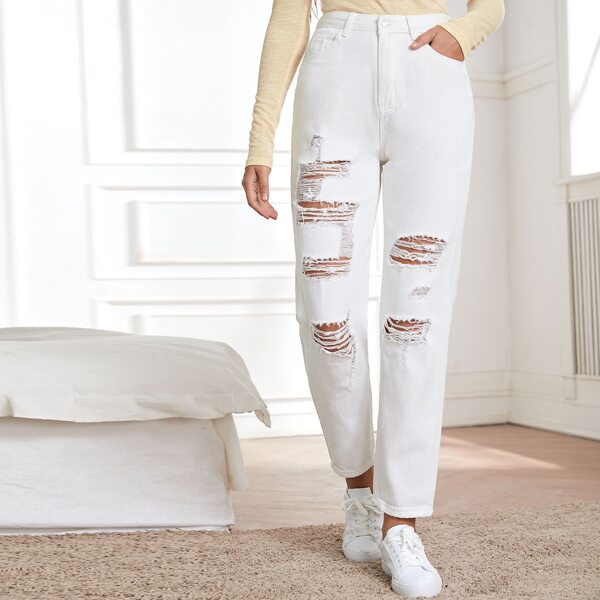 

High Waisted Ripped Washed Jeans, White