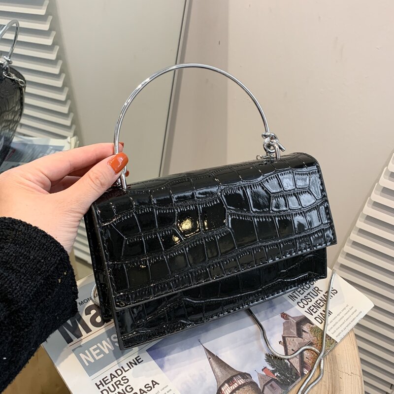 

Croc Embossed Satchel Bag, Black