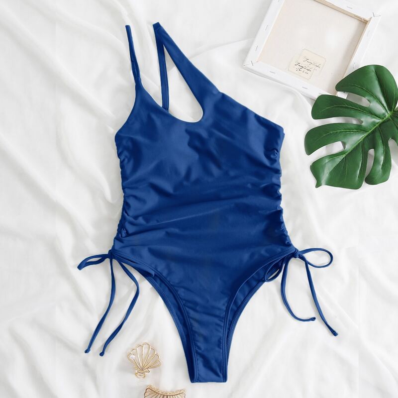 

Drawstring Side One Shoulder One Piece Swimsuit, Blue