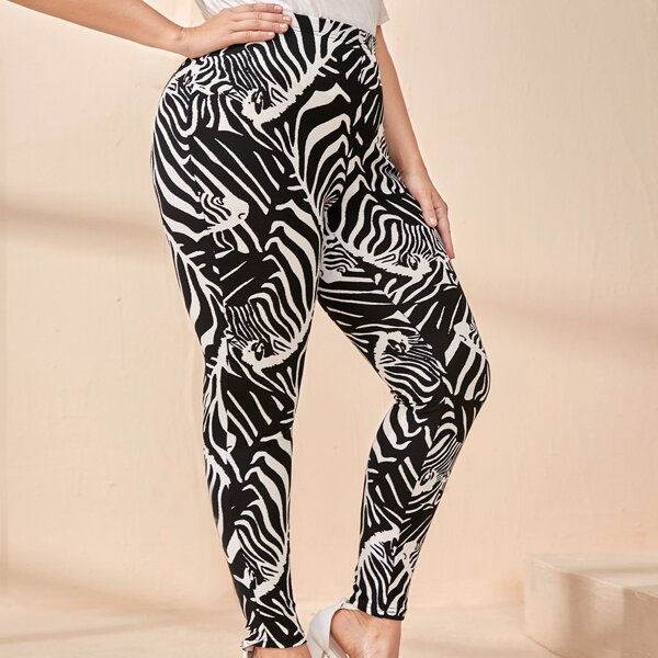 

Plus High Waist Zebra Striped Leggings, Black and white