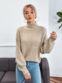 SHEIN LUNE High Neck Drop Shoulder Jumper - Khaki - View 3