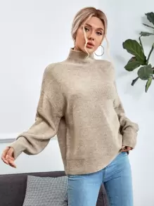 SHEIN LUNE High Neck Drop Shoulder Jumper - Khaki - View 5