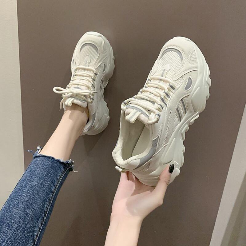 

Mesh Panel Lace-up Front Chunky Sole Trainers, Beige