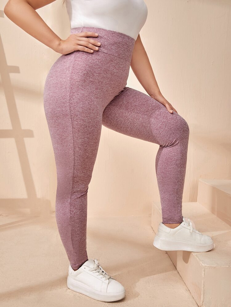 大碼寬腰帶雜色針織緊身打底褲 - 粉色 - 查看 3