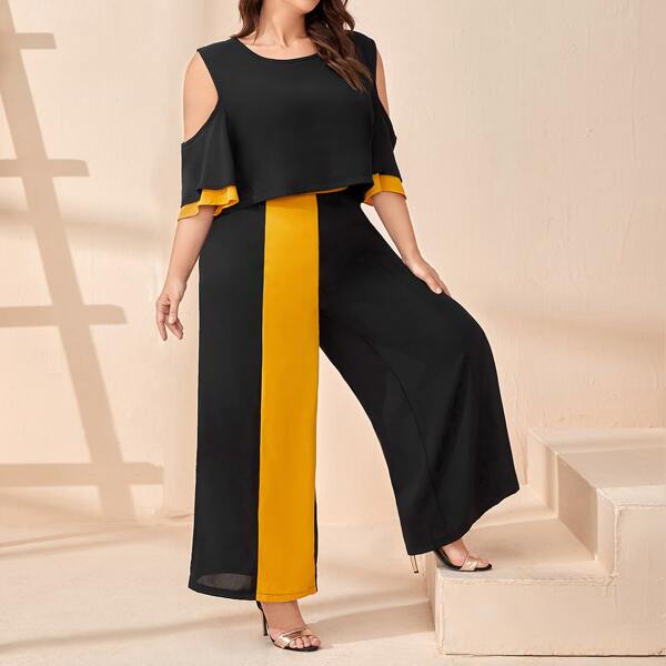 

Plus Cutout Two Tone Top & Split Hem Pants, Multicolor