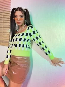 SHEIN Unity Plus Plaid Square Neck Crop Sweater Knit Pullover Fall Winter - Multicolor - View 5