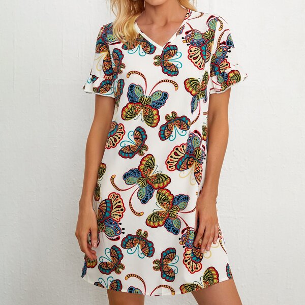 

Butterfly Print Flounce Sleeve Dress, Multicolor