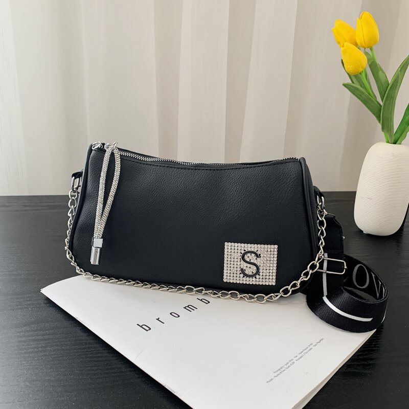 

Rhinestone Letter Shoulder Bag, Black