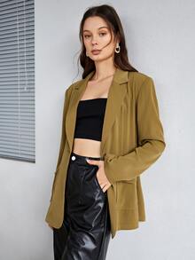 SHEIN Lapel Neck Flap Pocket Blazer - Olive Green - View 2