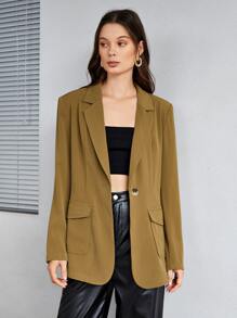 SHEIN Lapel Neck Flap Pocket Blazer - Olive Green - View 1