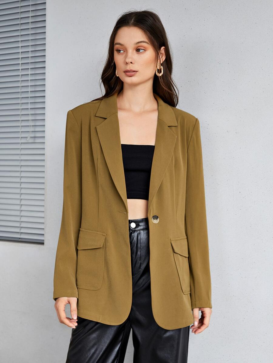 SHEIN Lapel Neck Flap Pocket Blazer - Olive Green - View 1
