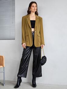 SHEIN Lapel Neck Flap Pocket Blazer - Olive Green - View 4