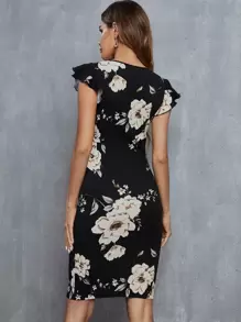 SHEIN Clasi Floral Print Butterfly Sleeve Bodycon Dress - Black - View 2