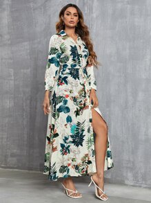 SHEIN VCAY Tropical Print Button Front Belted Shirt Dress - Multicolor - View 3